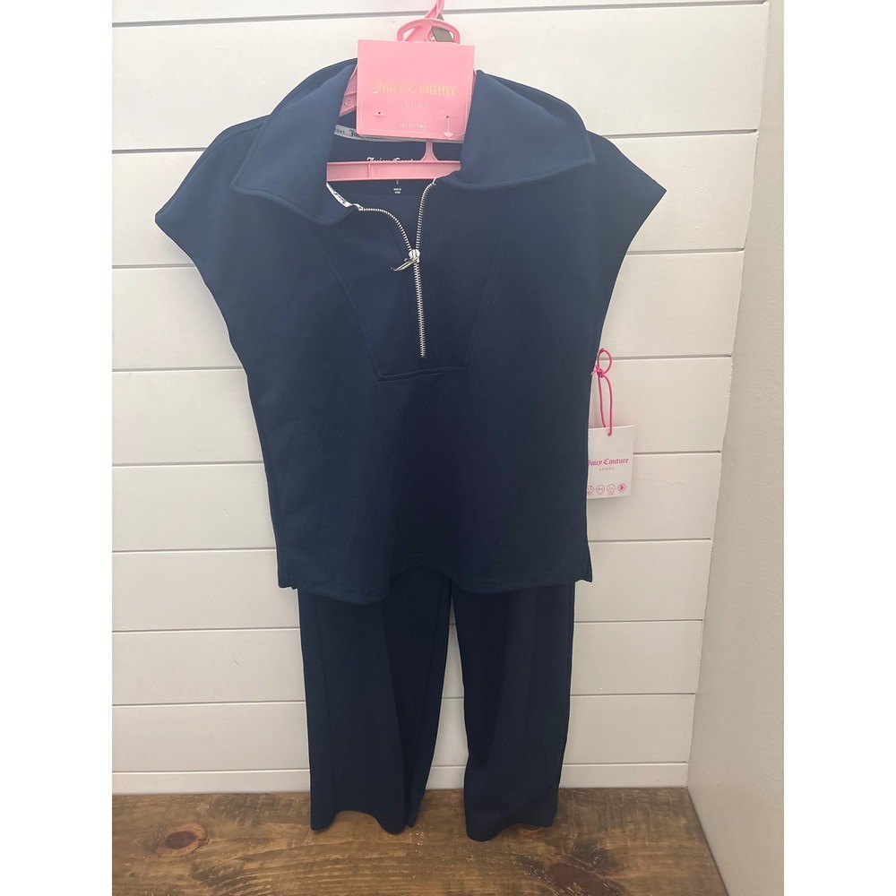 Juicy Couture Navy 2 Piece Set Quarter Zip Top and Wide Leg Pants Small NWT